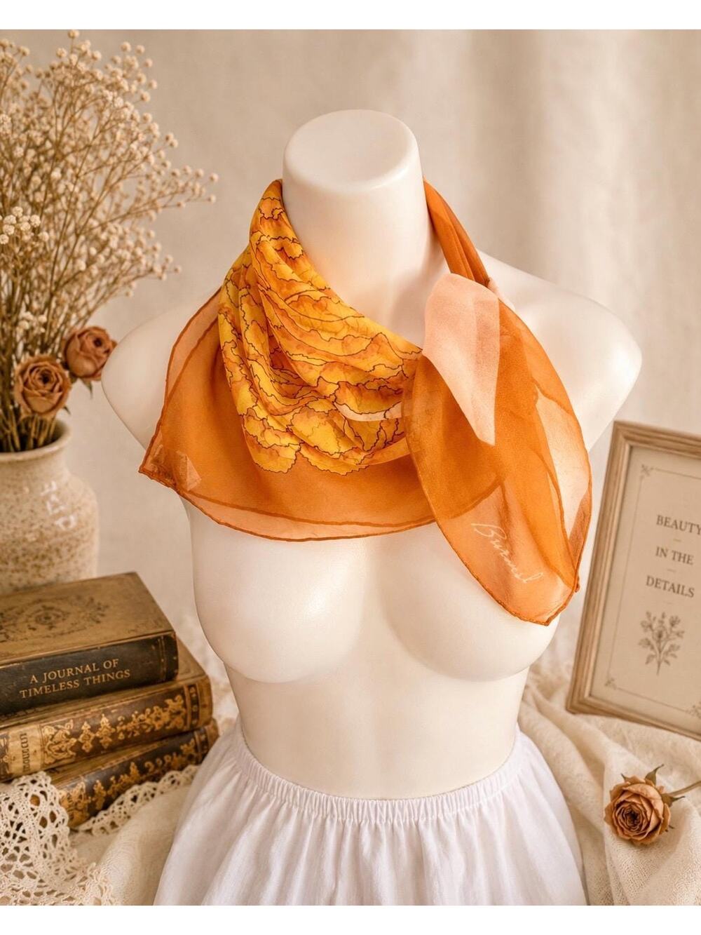 Vintage Burmel Chiffon Scarf Hand Rolled Japan Amber Peony Floral 22” Square